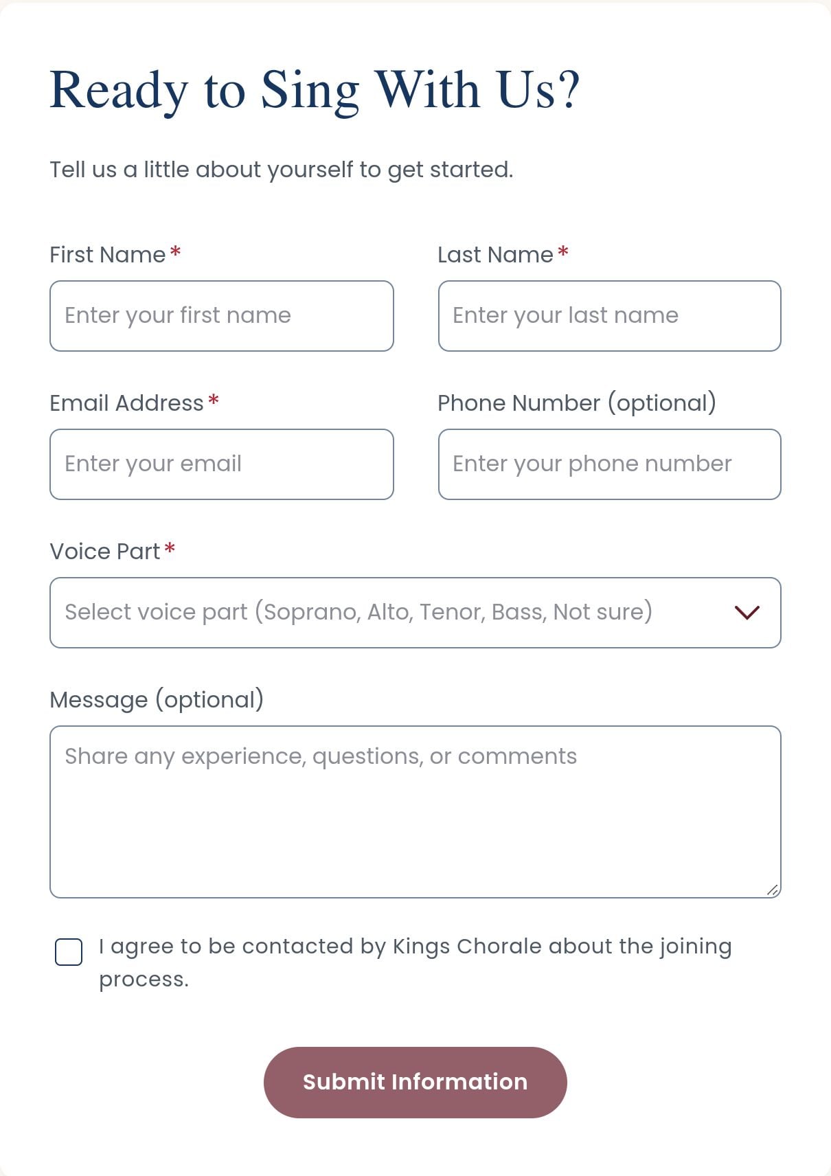 Screenshot of the published Kings Chorale joining form